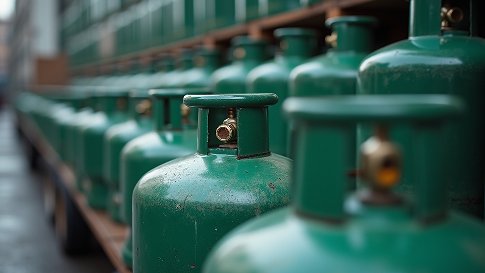 Close-up view of stacked gas cylinders ready for delivery