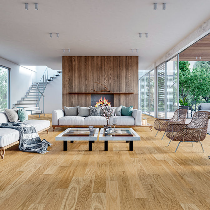Thumbnail: Oak Urbino hardwood flooring installed in a modern interior, emphasizing its warm tone and seamless plank layout
