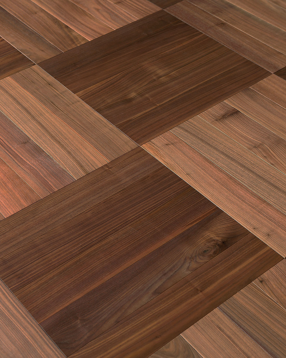 Thumbnail: American Walnut Zermatt parquet – mosaic layout, sanded and lacquered finish, suitable for underfloor heating