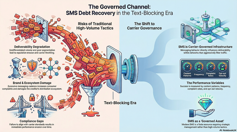 Infographic contrasting SMS behavior in red and blue. Left: Risks like deliverability degradation. Right: Carrier governance benefits. Text included.