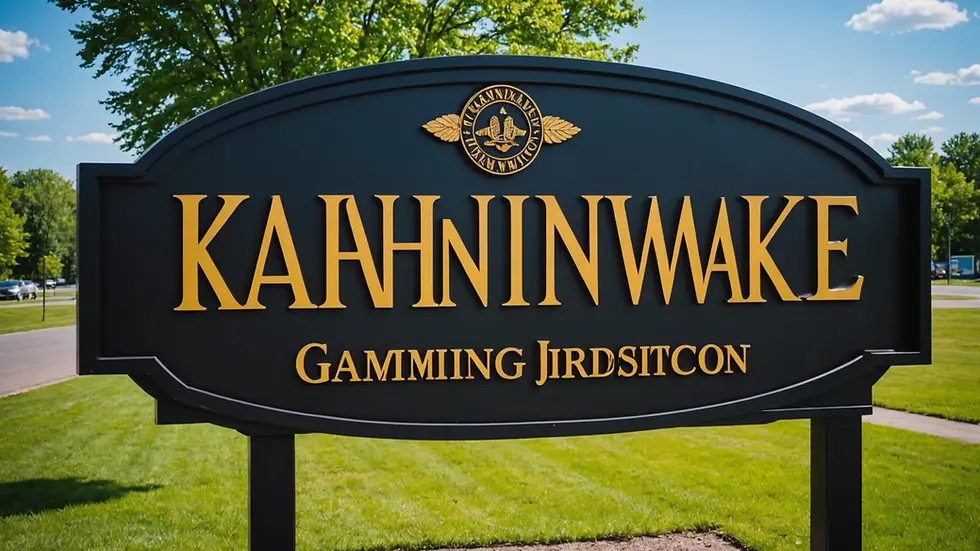 Close-up view of the Kahnawake gaming jurisdiction sign