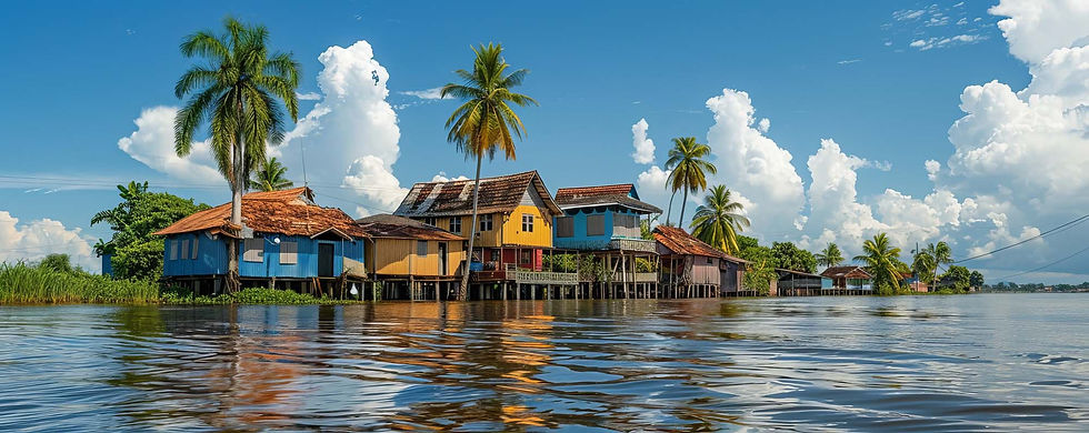 Suriname, tropisch paradijs met houten hutten, palmbomen, blauwe zee