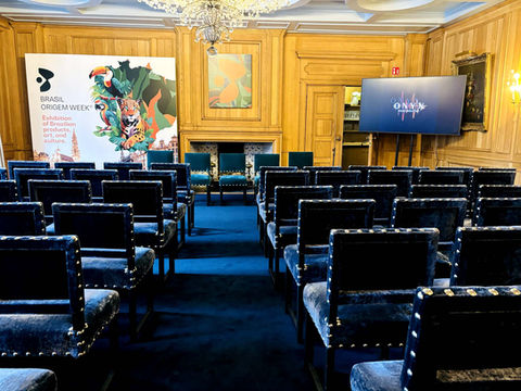 Presentatie-opstelling met stoelen en scherm