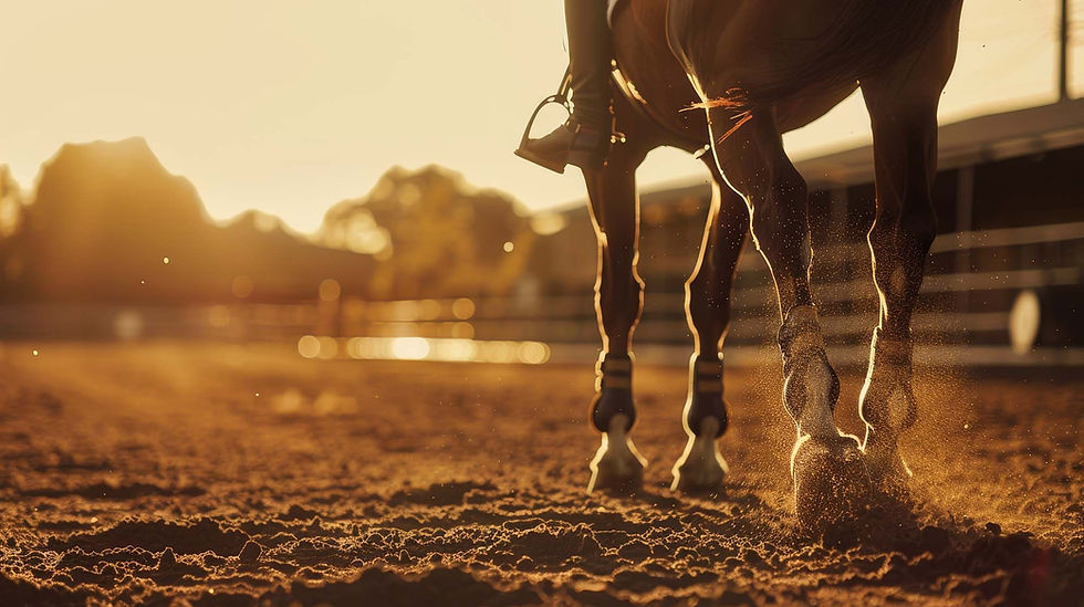 close-up van de hoeven van een paard in een zanderige manege