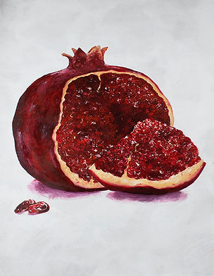 acrylic and oil painting of pomegranate fruit with positive connotations and representation of the female vagina