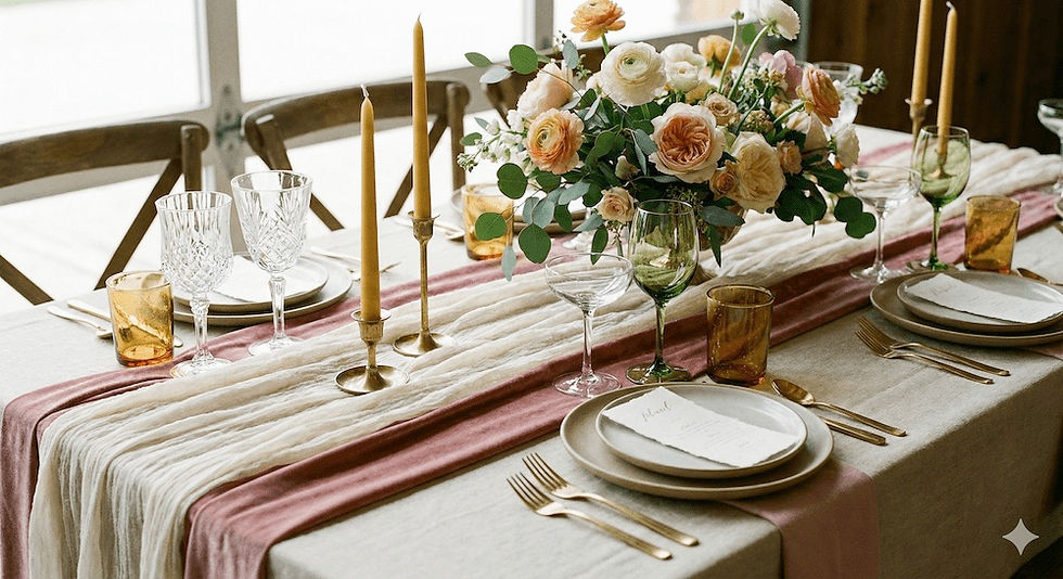 Elegant table setting with pink and white runners, floral centerpiece, gold candlesticks, and cutlery. Crystal glasses add sophistication.