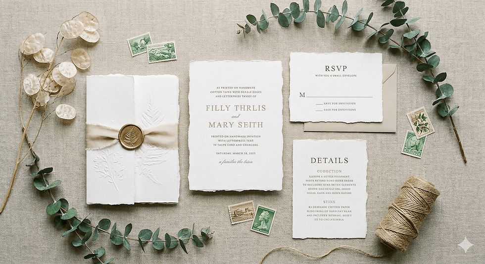 Elegant wedding invitation set with embossed design, RSVP card, and details card on beige fabric. Surrounded by eucalyptus, stamps, and twine.