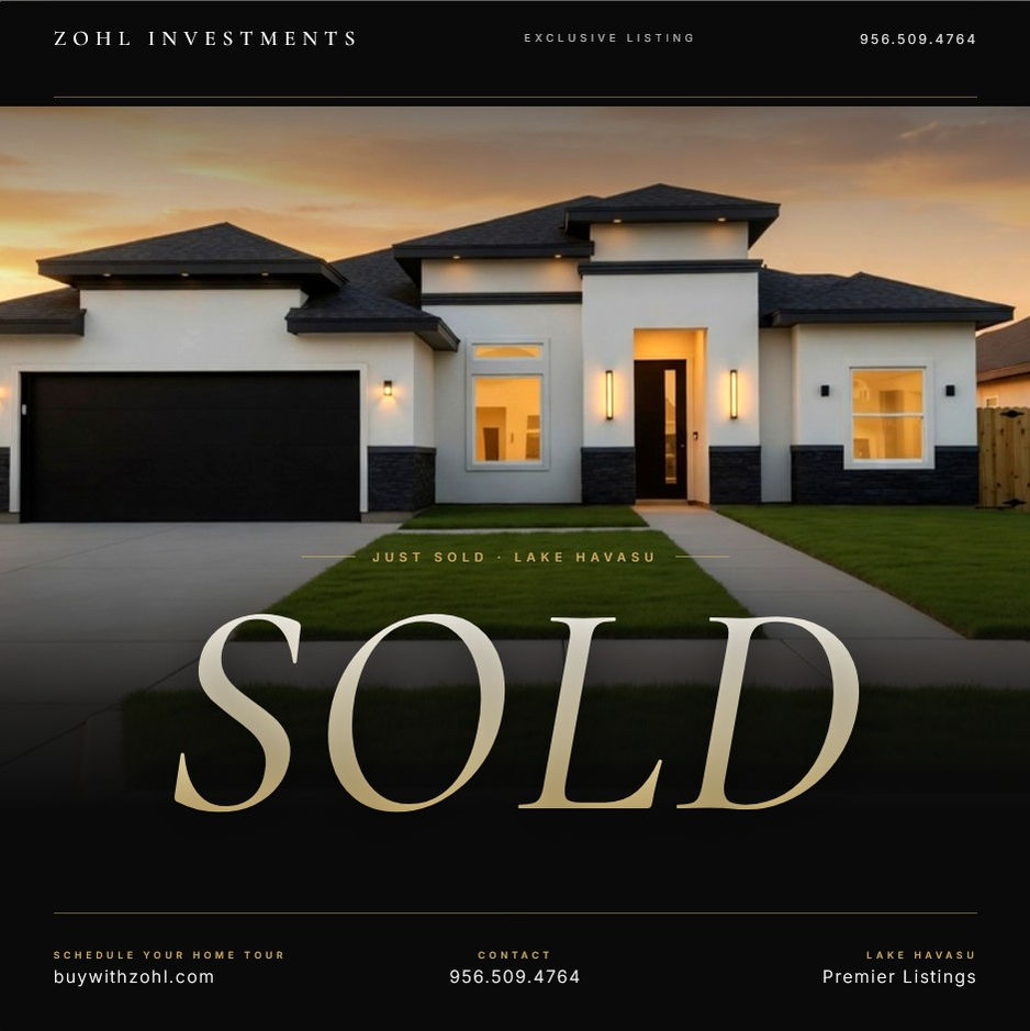 Newly sold modern spec home on Lake Havasu Drive in Brownsville, Texas, built by ZOHL Investments — 3 bedroom, 2.5 bathroom, 1,500 square foot single-story home featuring stucco exterior, dark stone wainscot, pitched shingle roof, and a 2-car attached garage at sunset.