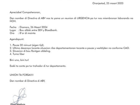 Reunión Urgente! Diamars 25 di Maart 8:AM bouw afdak entre SEH y Bloedbank