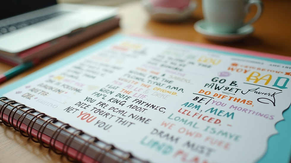 Eye-level view of a colorful planner with motivational quotes