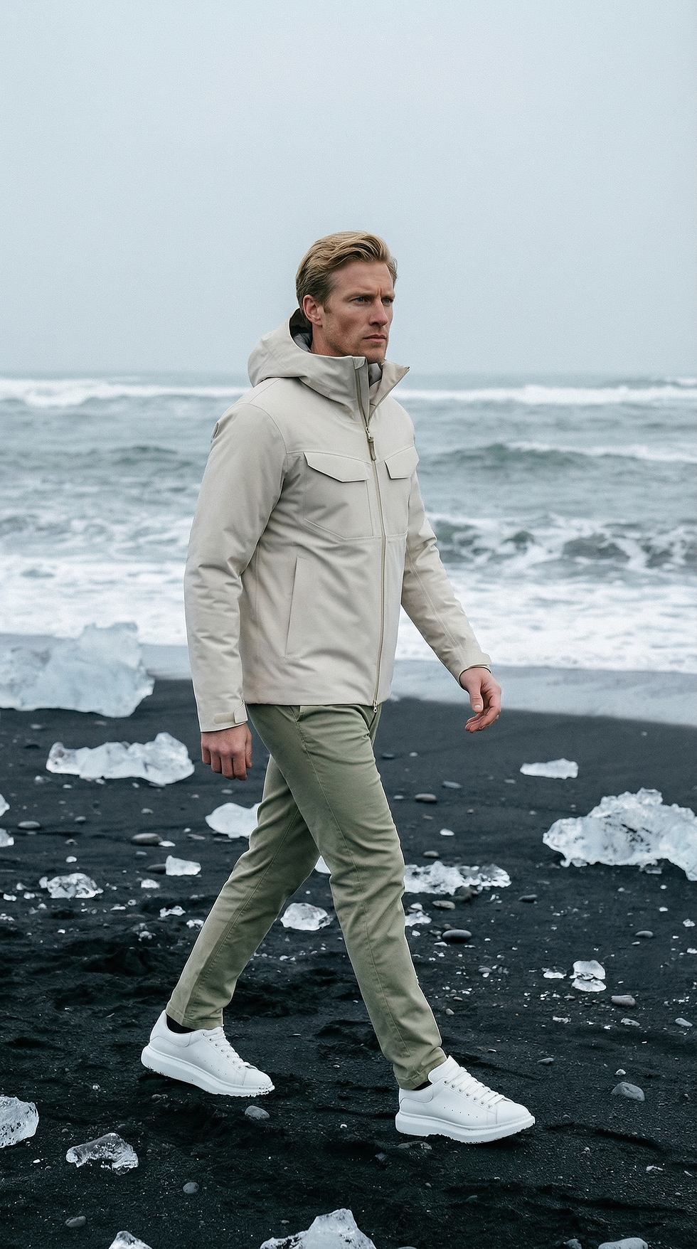 Generated with Kive.ai - wearing and light olive green chinos with white alexander maqueen