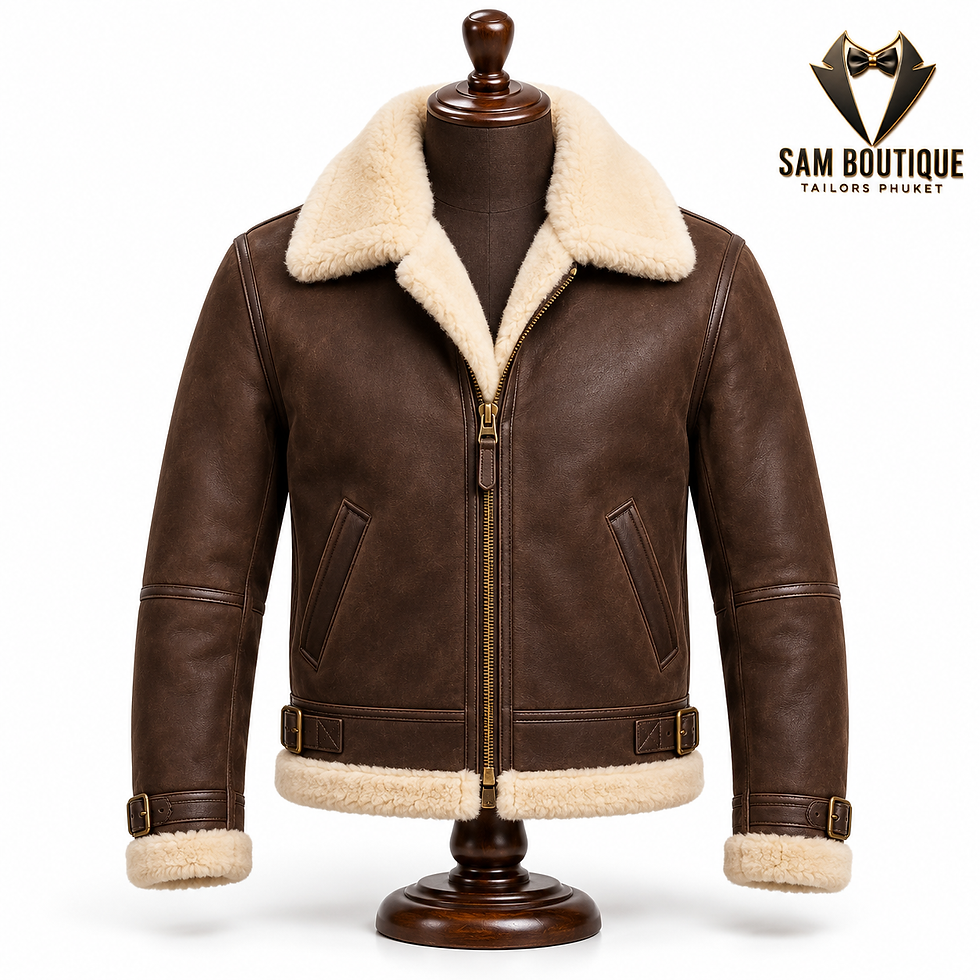 Front view of a men's bespoke brown leather bomber jacket with a thick cream shearling fur collar on a mannequin by Sam Bouti