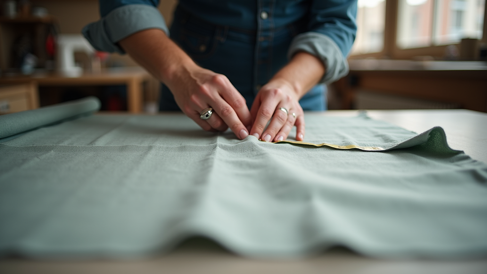 Eye-level view of a tailor measuring fabric on a table
