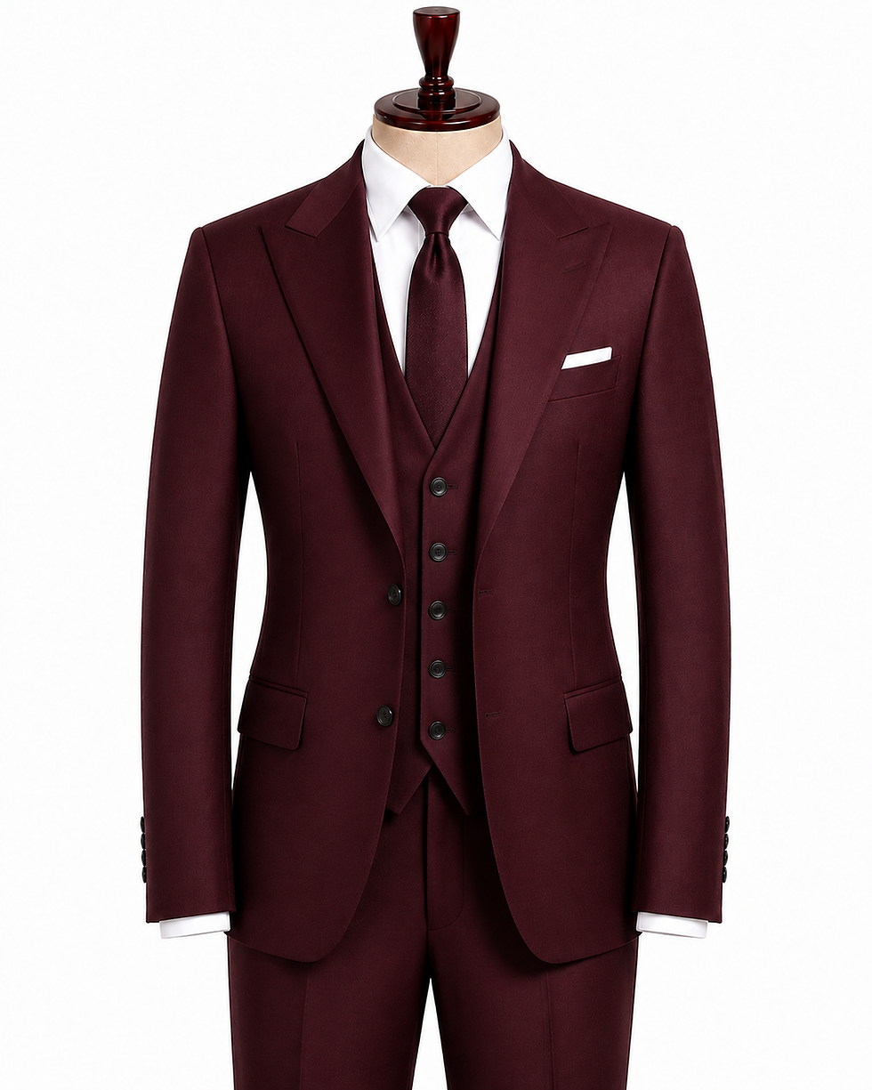 Thumbnail: Burgundy men’s bespoke three-piece formal suit in Phuket