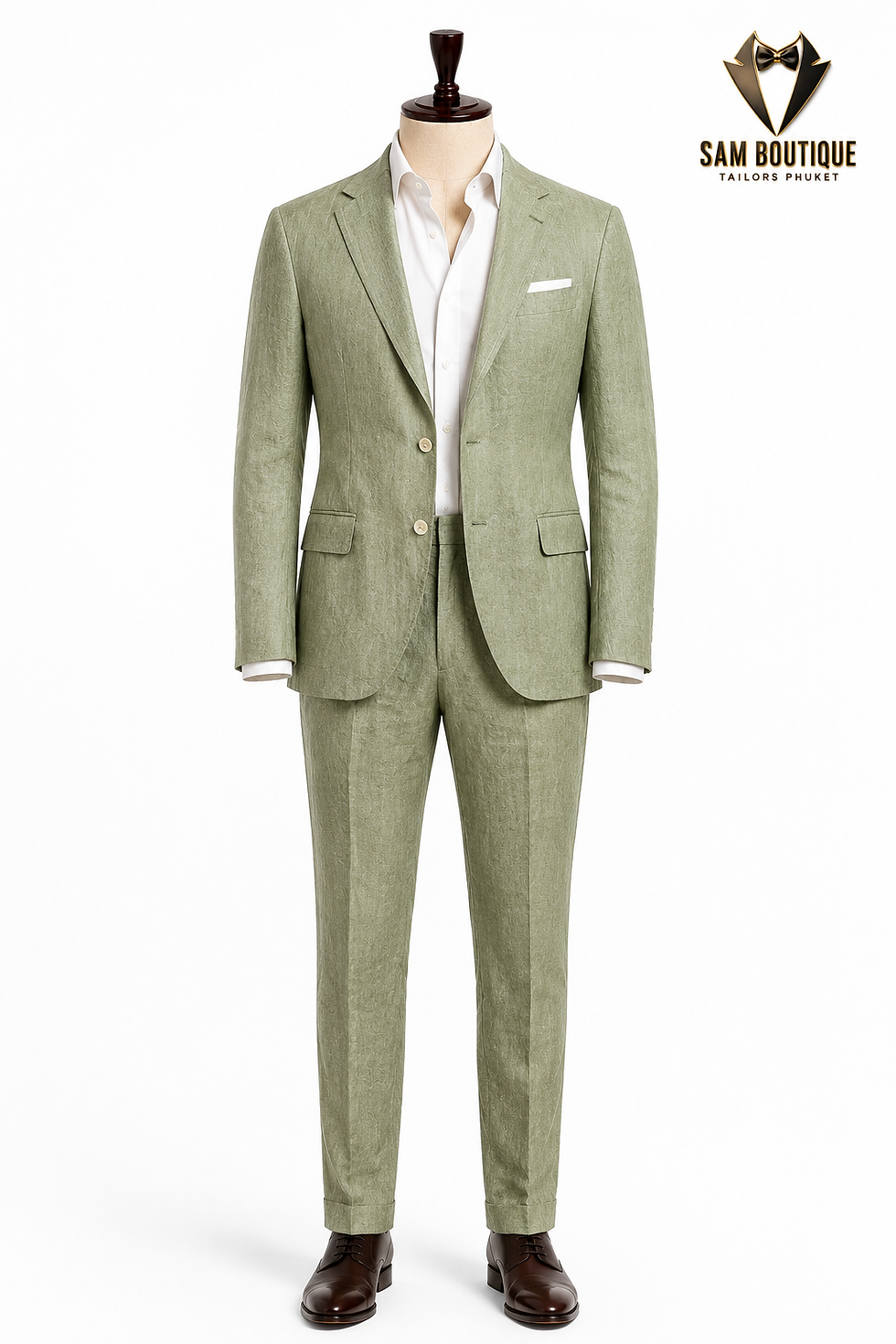 Thumbnail: Sage green men’s bespoke linen suit with relaxed tailoring