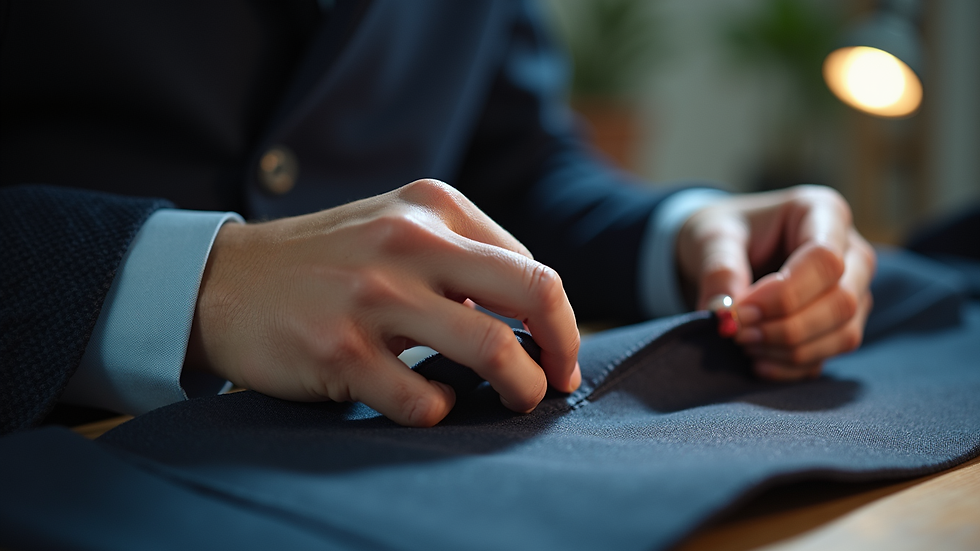 Close-up view of a tailor sewing a jacket sleeve
