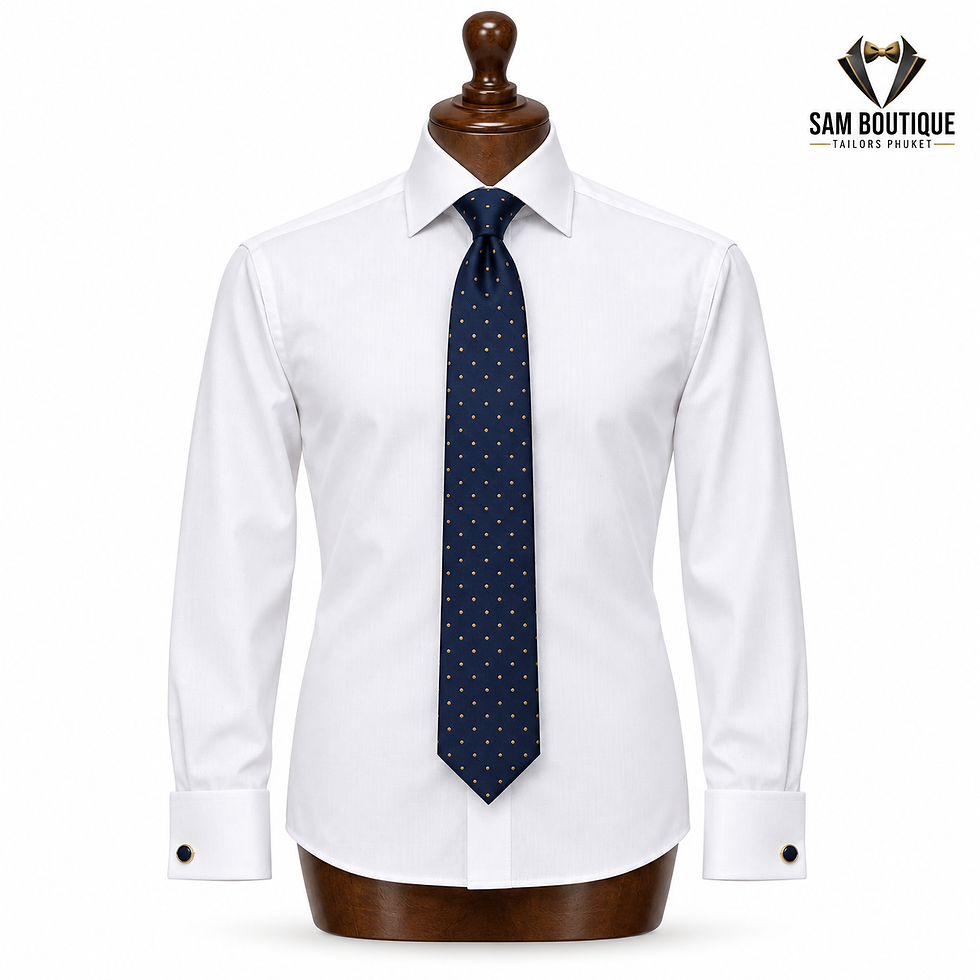 Imej kecil: White men’s bespoke business shirt with navy dotted tie