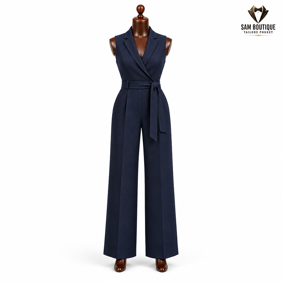 Sam Boutique Tailors Phuket women's navy blue belted wide-leg tailored jumpsuit