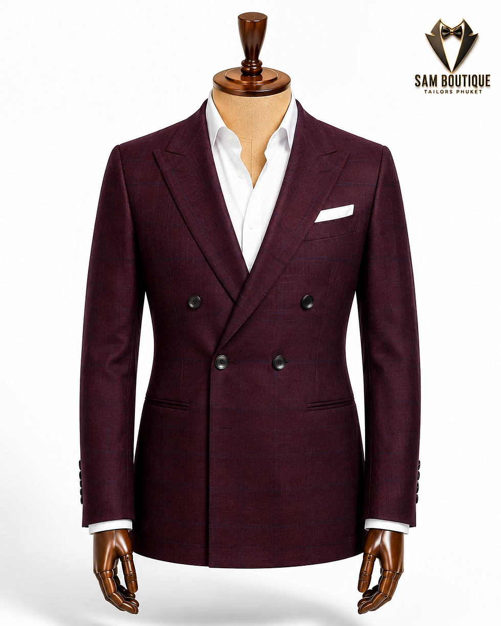 Thumbnail: Burgundy checked men’s double-breasted bespoke blazer