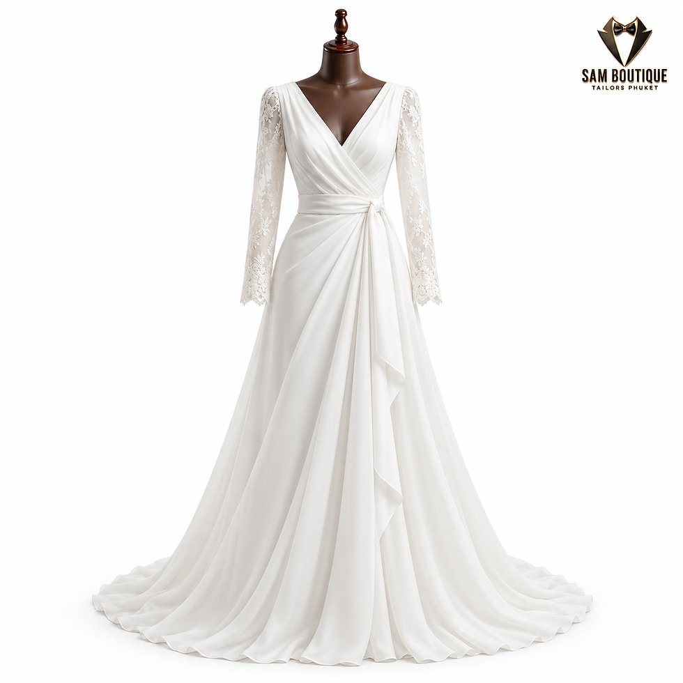 Thumbnail: White long-sleeve wrap-style bridal gown