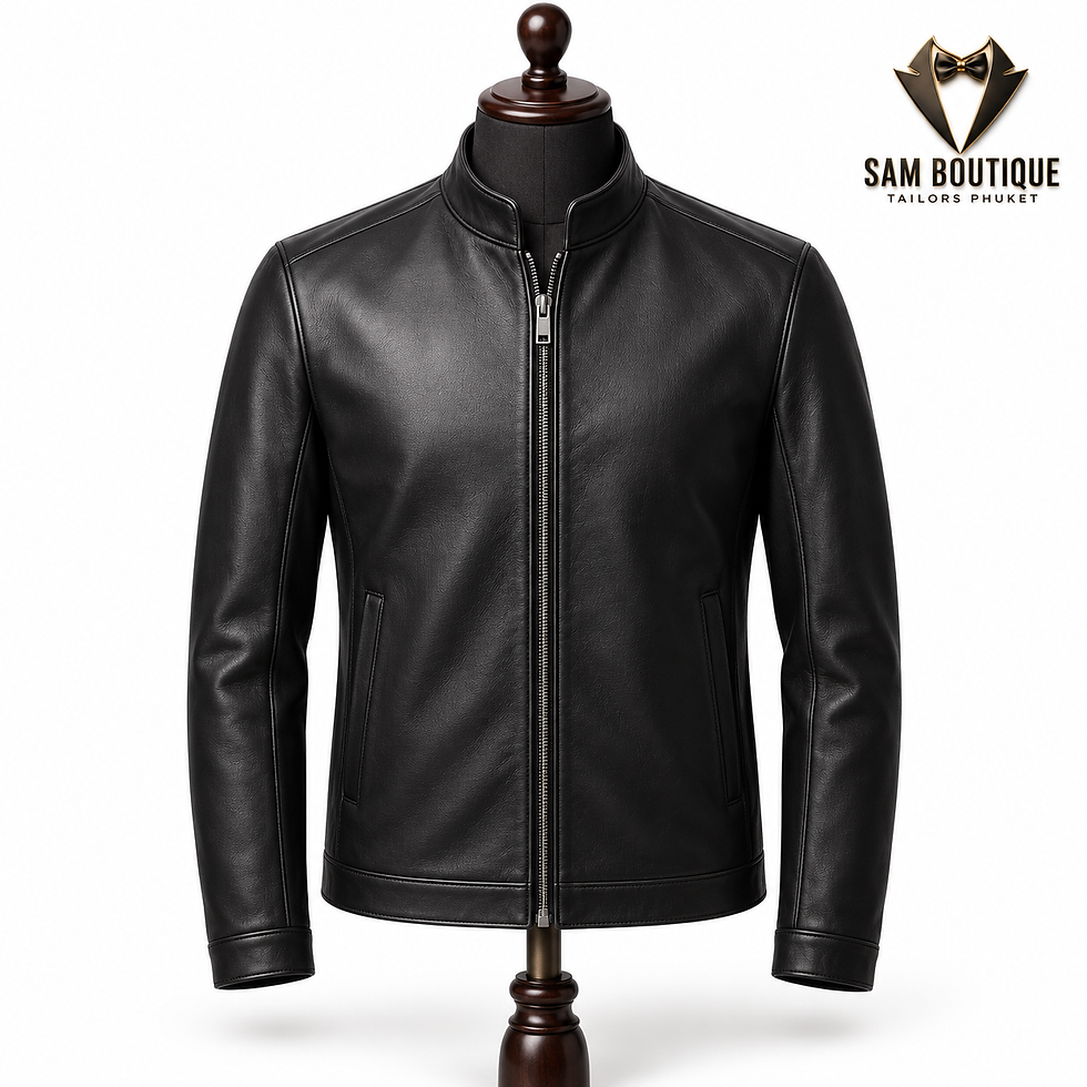 Men's bespoke black leather jacket custom tailored by Sam Boutique Tailors.