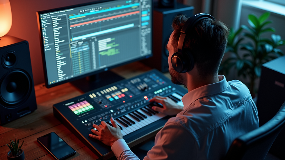 high angle view of a music producer working with AI software