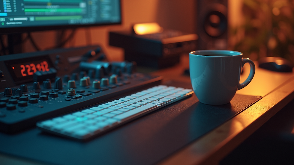 high angle view of a digital music production setup with coffee cup nearby