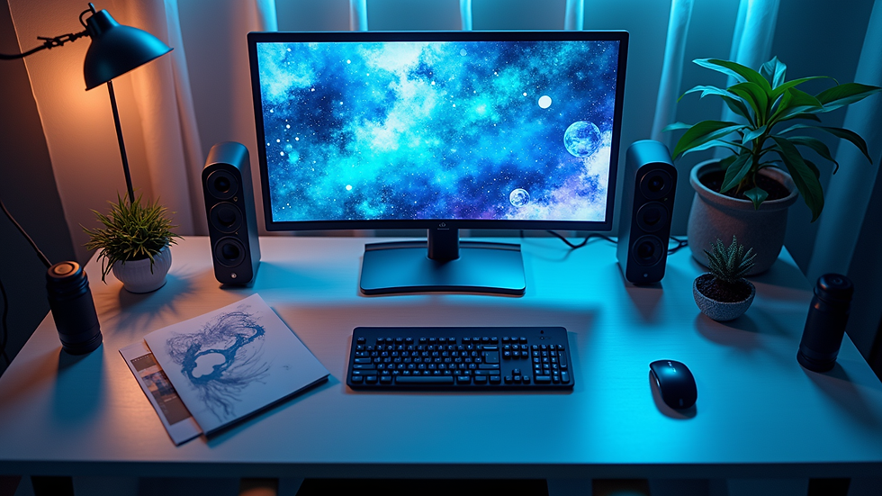high angle view of a digital art workspace with colorful blue-themed graphics