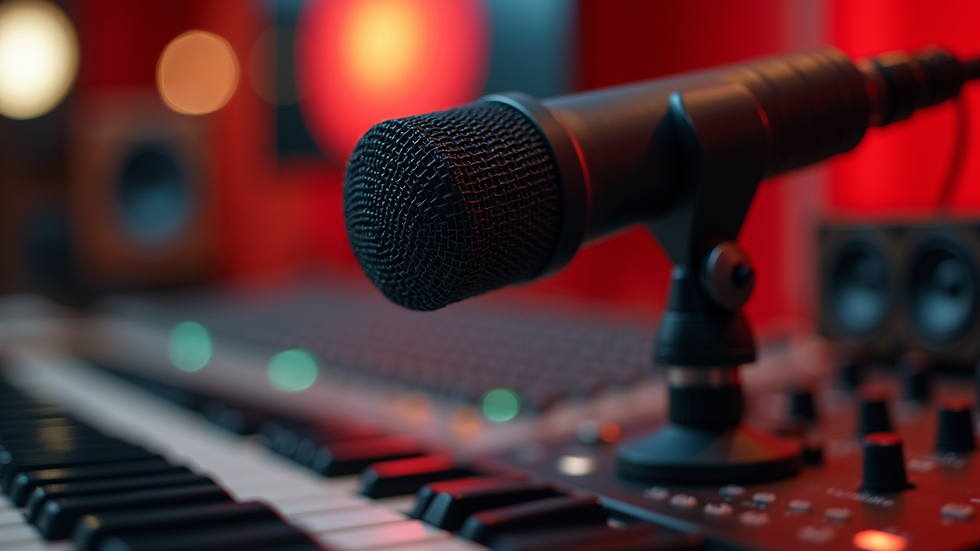 Eye-level view of a microphone on a music studio desk