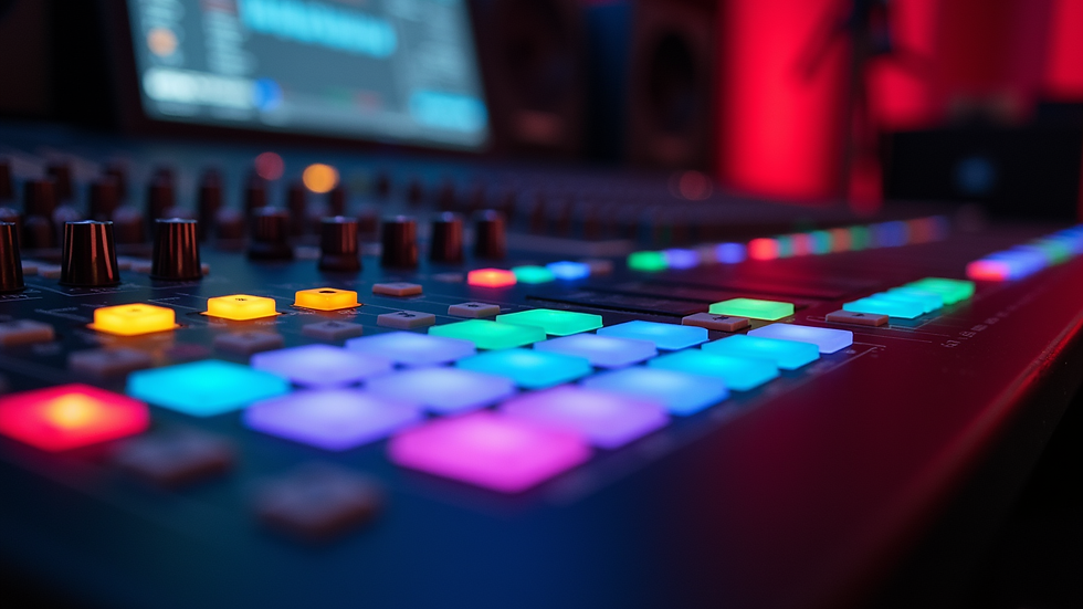Close-up view of a mixing console with colorful lights