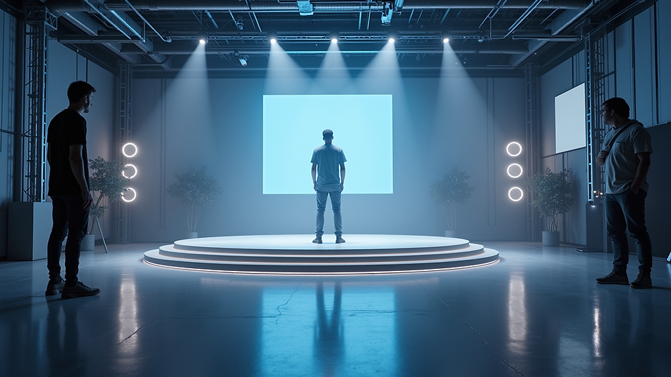 eye-level view of a futuristic virtual artist stage setup