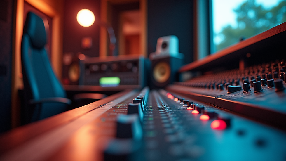 eye-level view of a modern recording studio with mixing equipment
