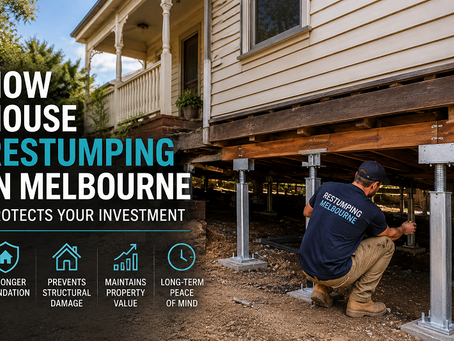 Professional house restumping in Melbourne with new steel support stumps installed beneath a residential home to strengthen the foundation and protect long-term property value.