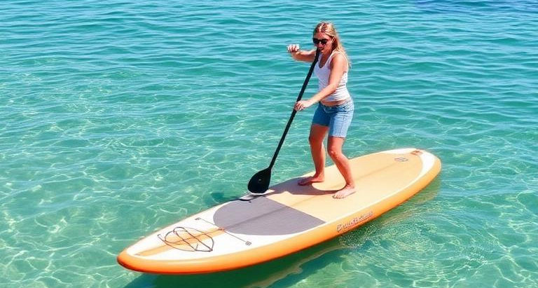 Beginner enjoying stand up paddle boarding on calm Gold Coast waters at sunrise