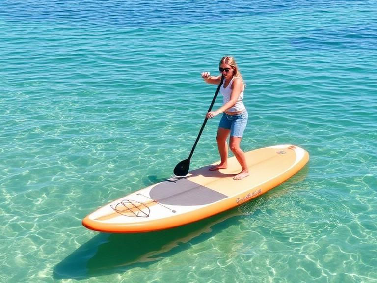 Beginner enjoying stand up paddle boarding on calm Gold Coast waters at sunrise