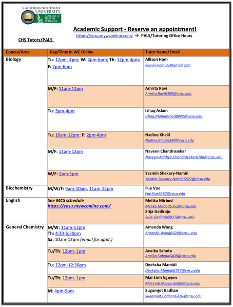 PAL and Tutor Schedules