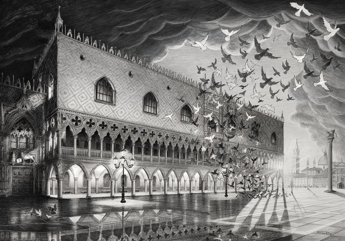 Pen and pencil drawing of Doge’s Palace in Venice with pigeons flying over St. Mark’s Square