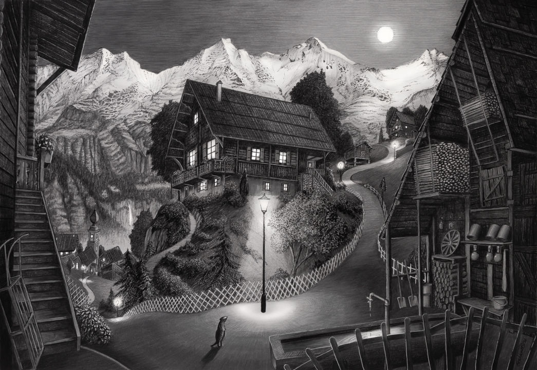 pencil artwork of alpine light