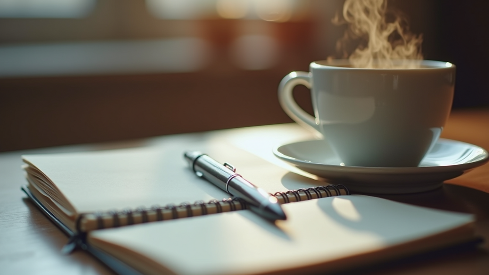 Close-up view of a notebook with a pen and a steaming cup of coffee