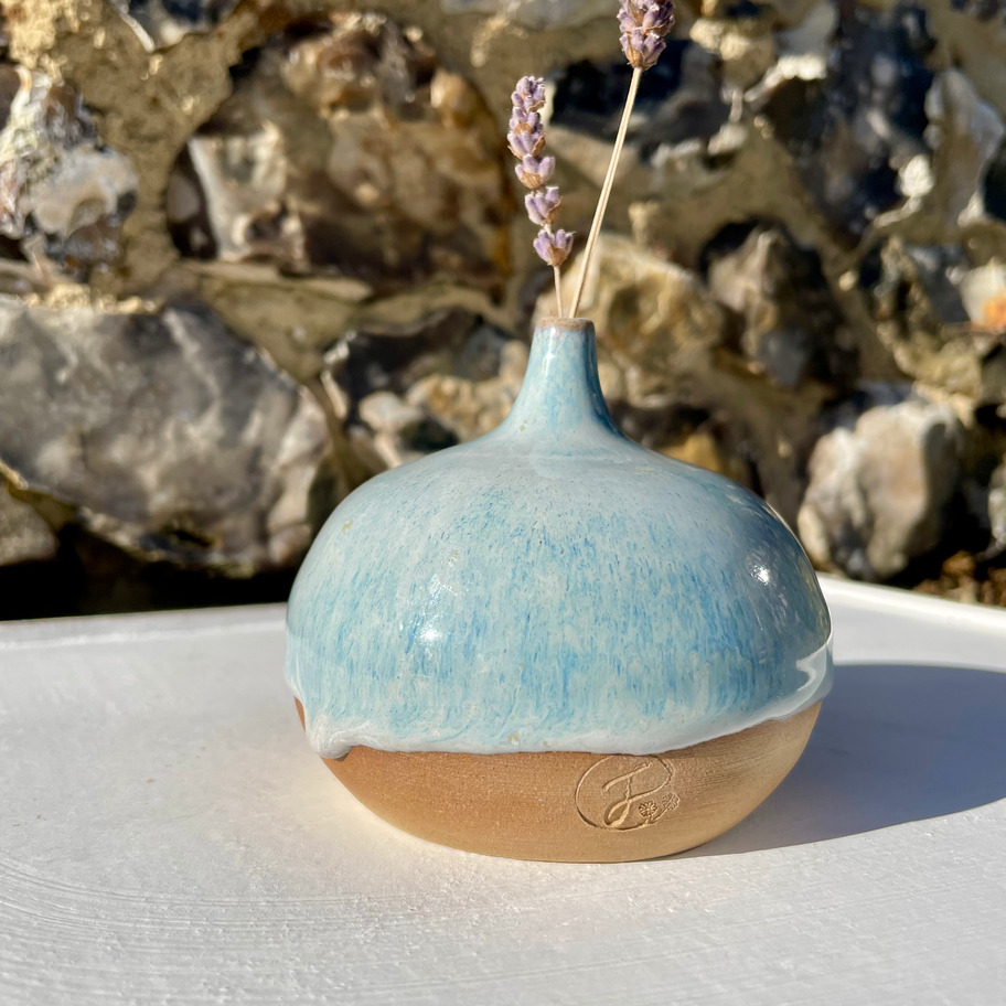 small handmade ceramic vase in ocean blue colours
