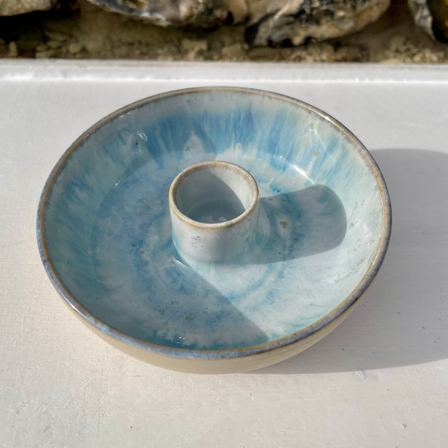 handmade ceramic candle holder in my ocean bloom glaze