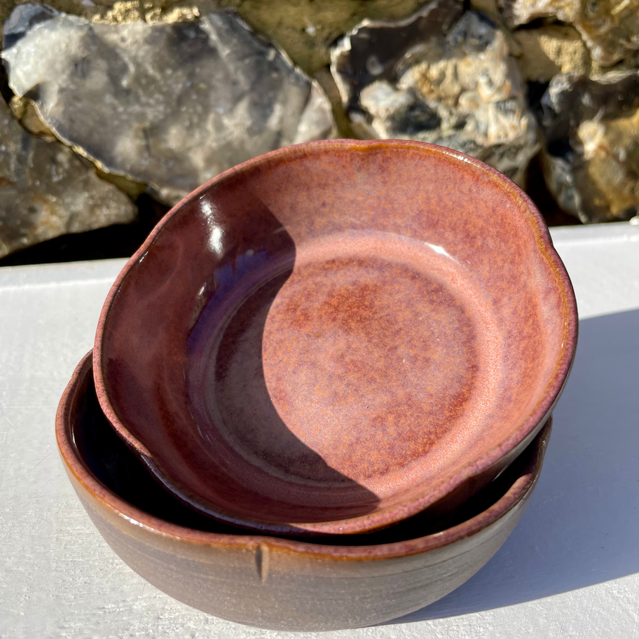 handmade ceramic flower dish in black berry glaze