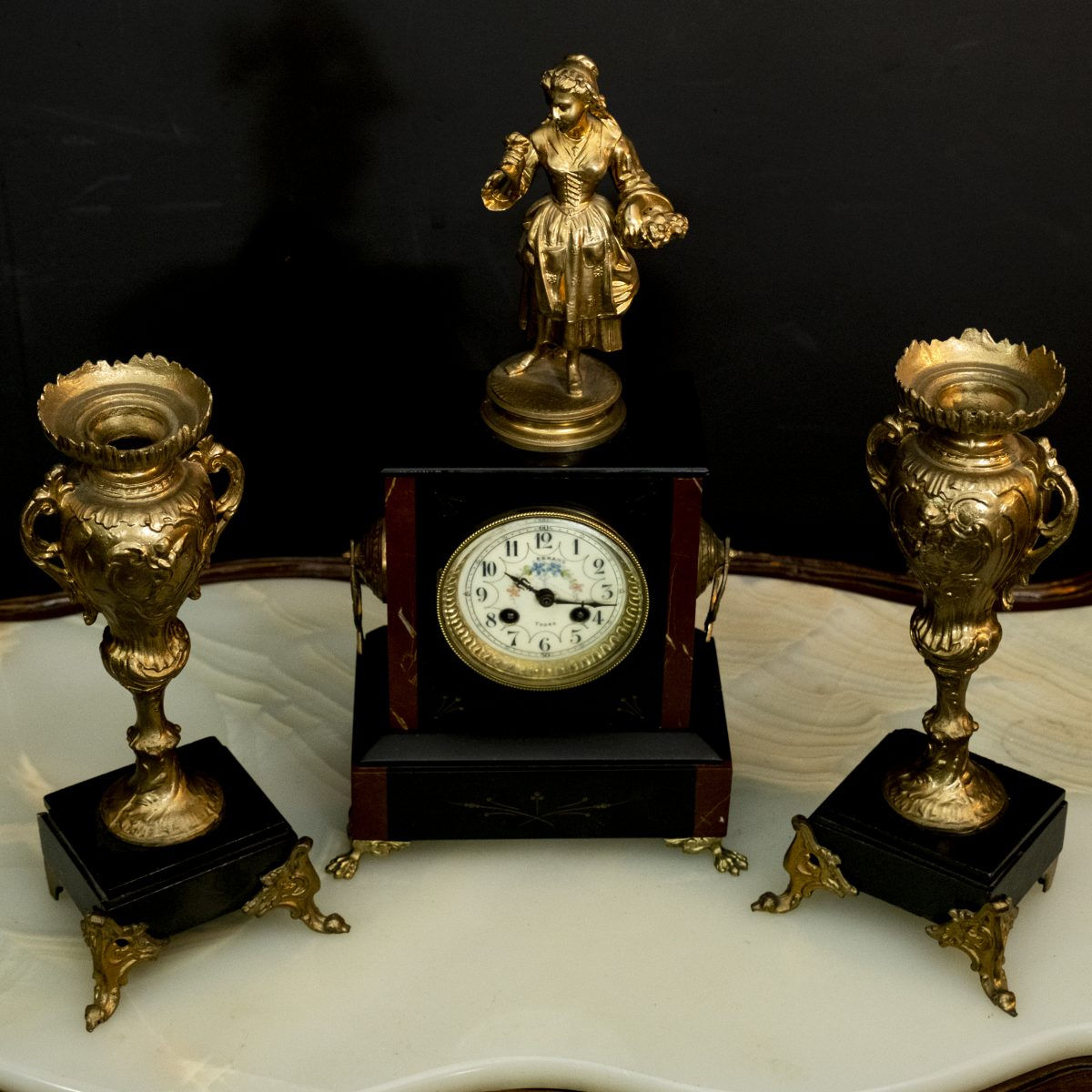 Antika Porselen Kadran Mermer Şömine Saati - 1890/1900's