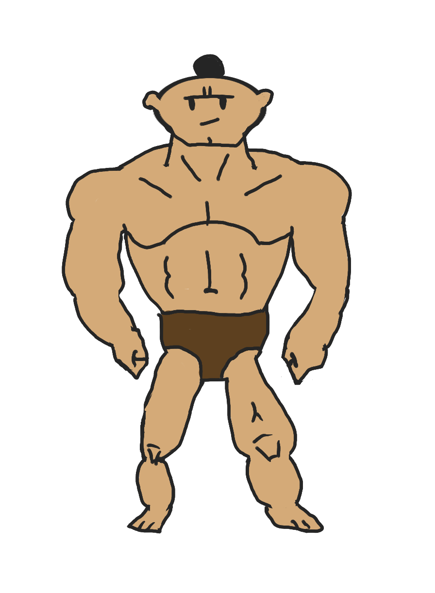 Cartoon of a muscular man standing, wearing brown shorts. The figure has exaggerated features and a neutral expression, set against a plain backdrop.
