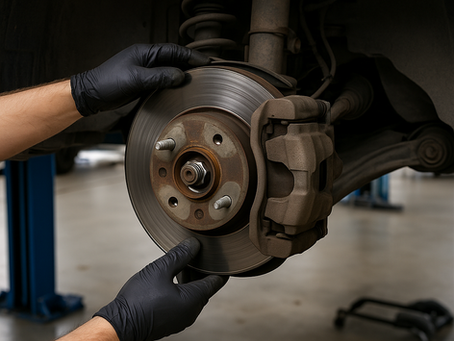 Orlando auto technician performing brake check on a car at Ron Jon’s Automotive