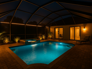 Pool cage in Florida glowing with LED and ambient lighting after sunset