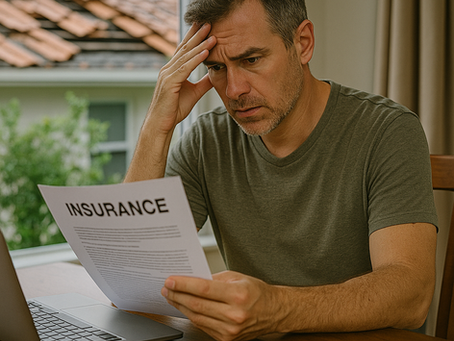 Florida homeowner reviewing insurance policy with concern after storm damage