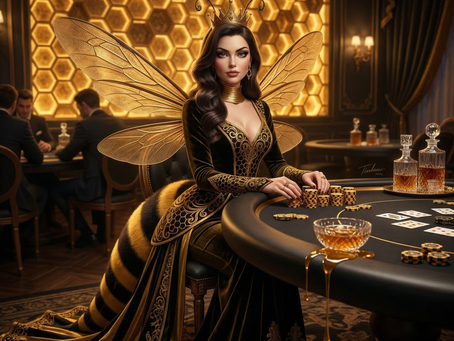 The Queen Bee captivates attention at a poker table.