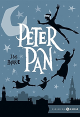 Capa do livro 'Peter Pan' de J.M. Barrie, com personagens voando sob um céu noturno com estrelas e uma lua crescente.
