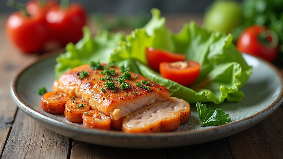 Close-up view of healthy meal with vegetables and lean protein